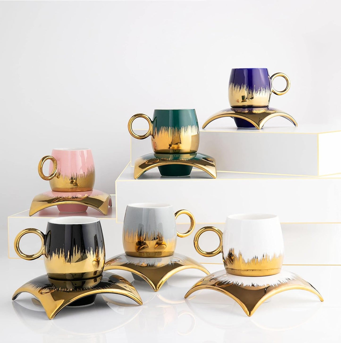 Turkish Coffee Cup Set of 6 with Saucers & Tray for Espresso