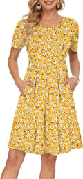 Women's Short Sleeve Pleated Knee Length Swing Dress - With Pockets