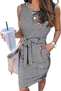 Sleeveless Striped T Shirt Dress - Tie Waist Summer Mini Dress