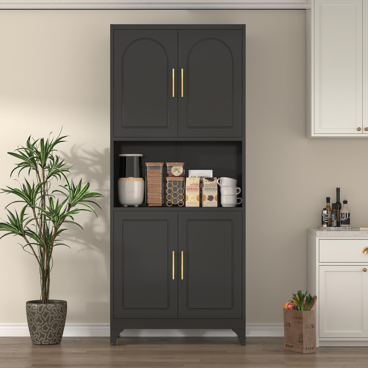 Black Metal Pantry Cabinet with Countertop - Spacious Storage