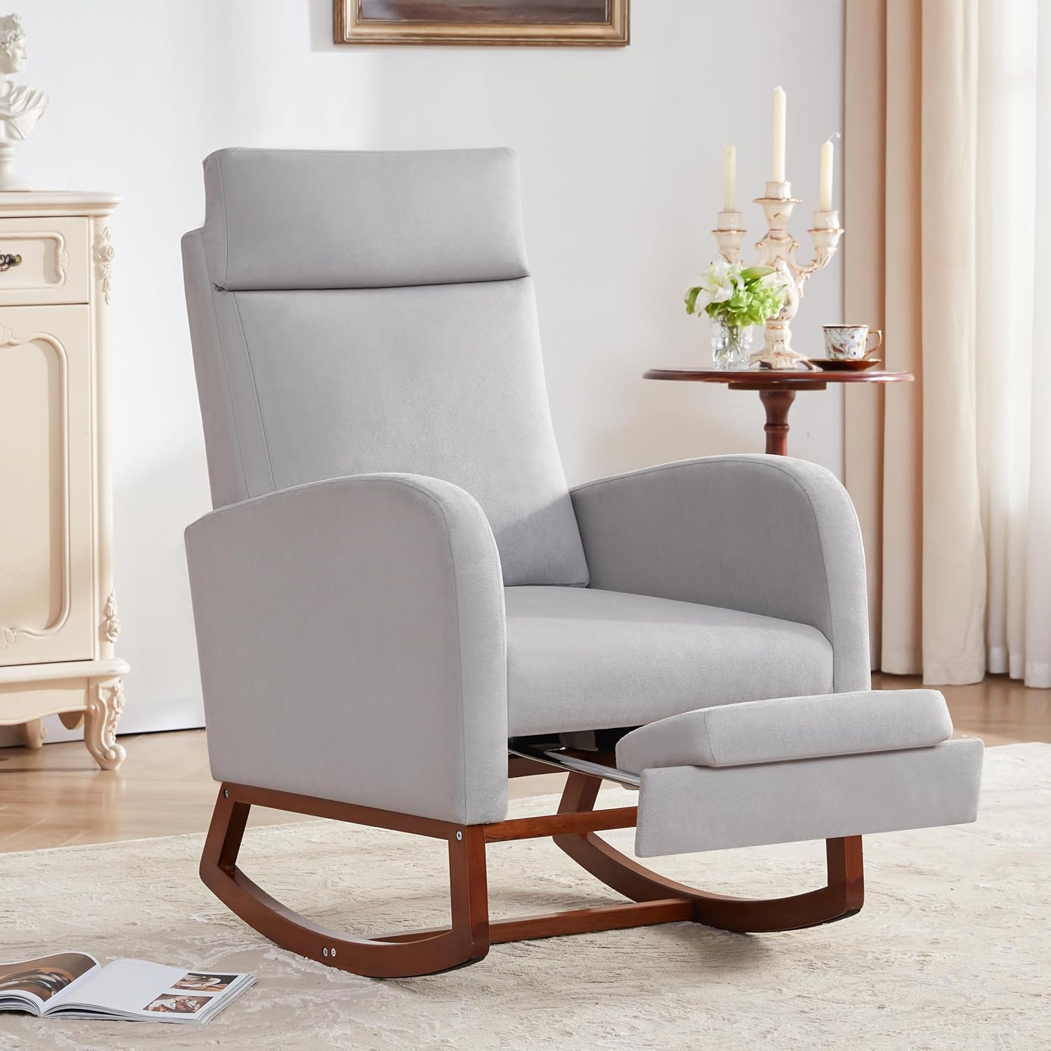Nursery Rocking Chair with High Back and Adjustable Footrest