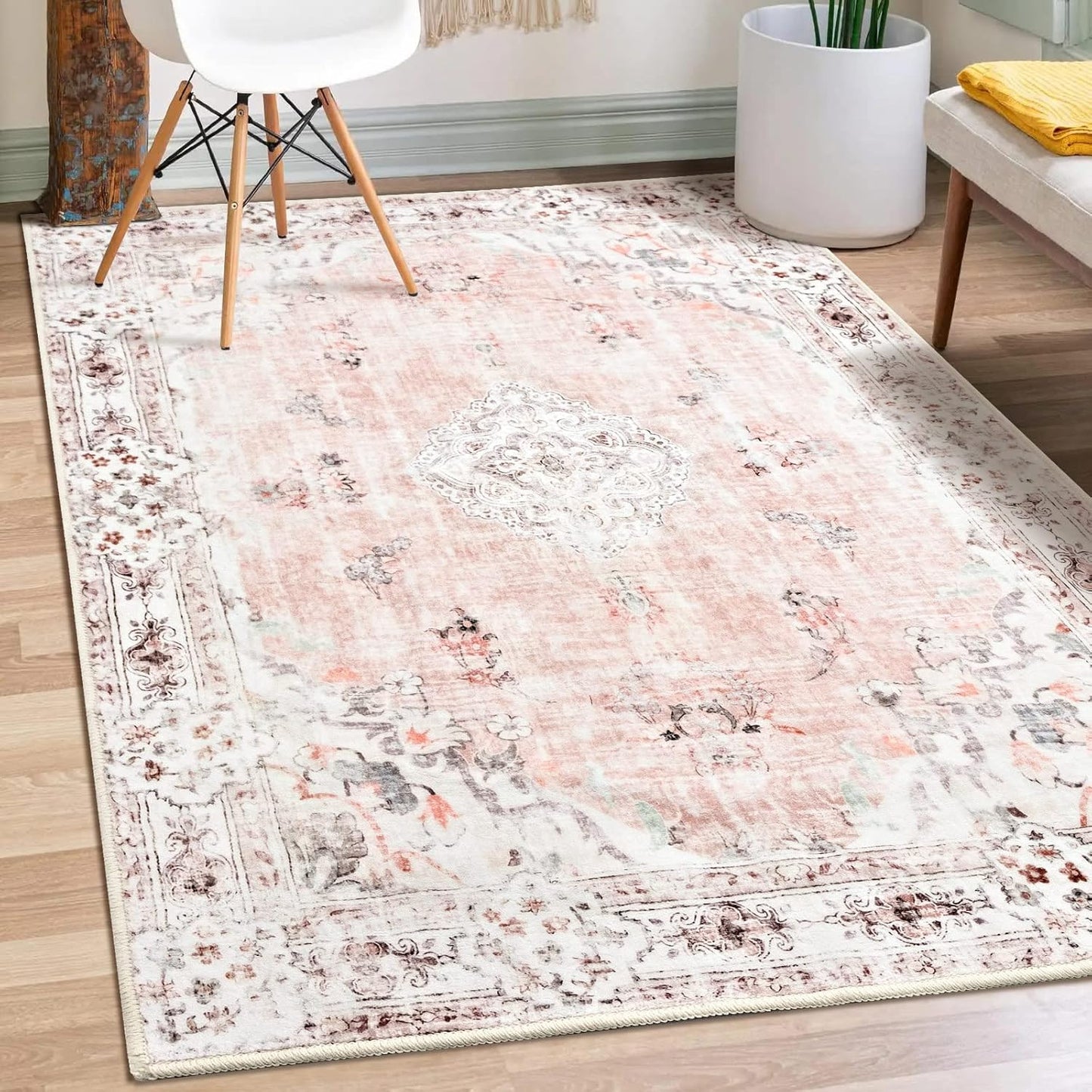 MUJOO Pink Boho Area Rug 3'x5' - Machine Washable & Non Slip