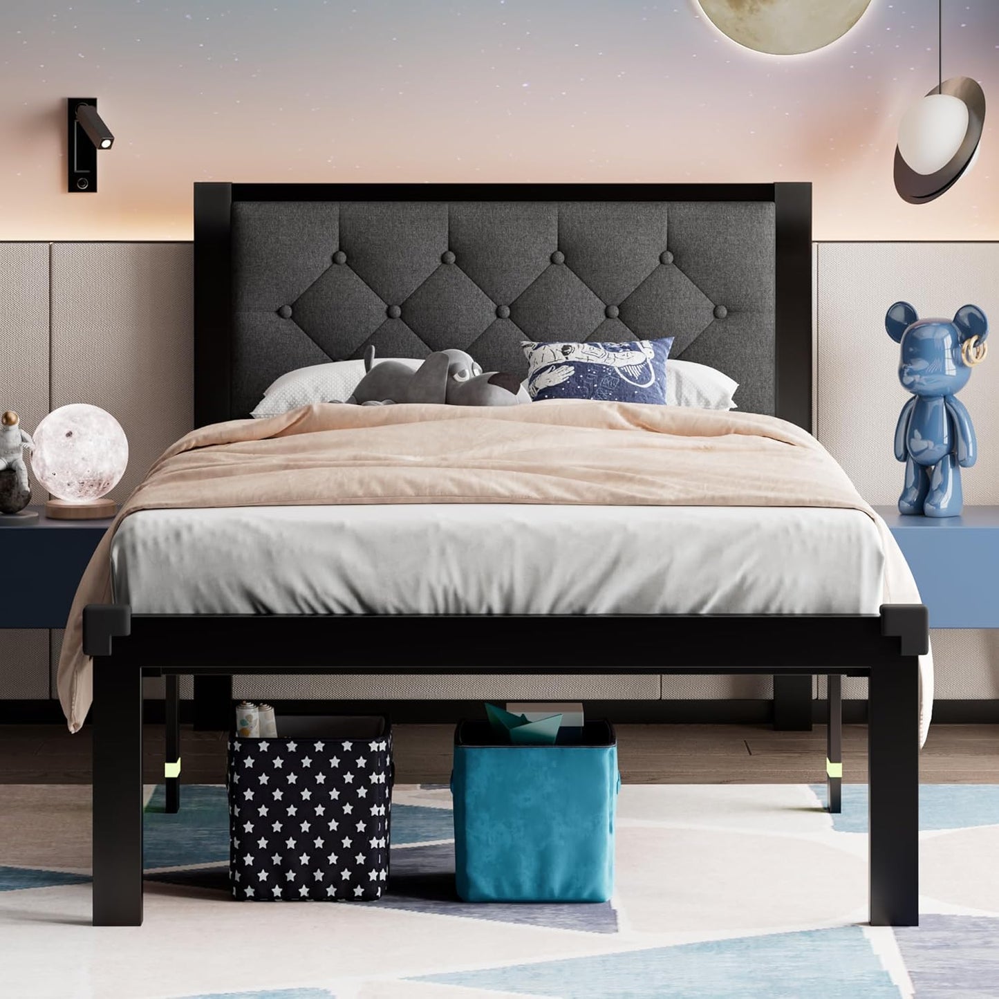 Feonase Twin Size Metal Bed Frame with Upholstered Headboard