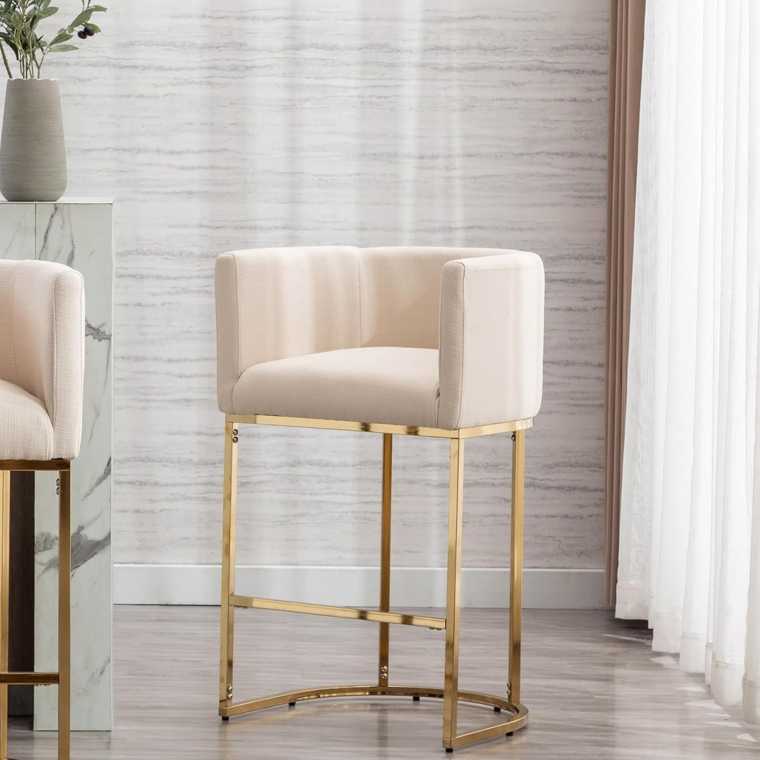 Contemporary Cream Linen Bar Stool with Golden Metal Base