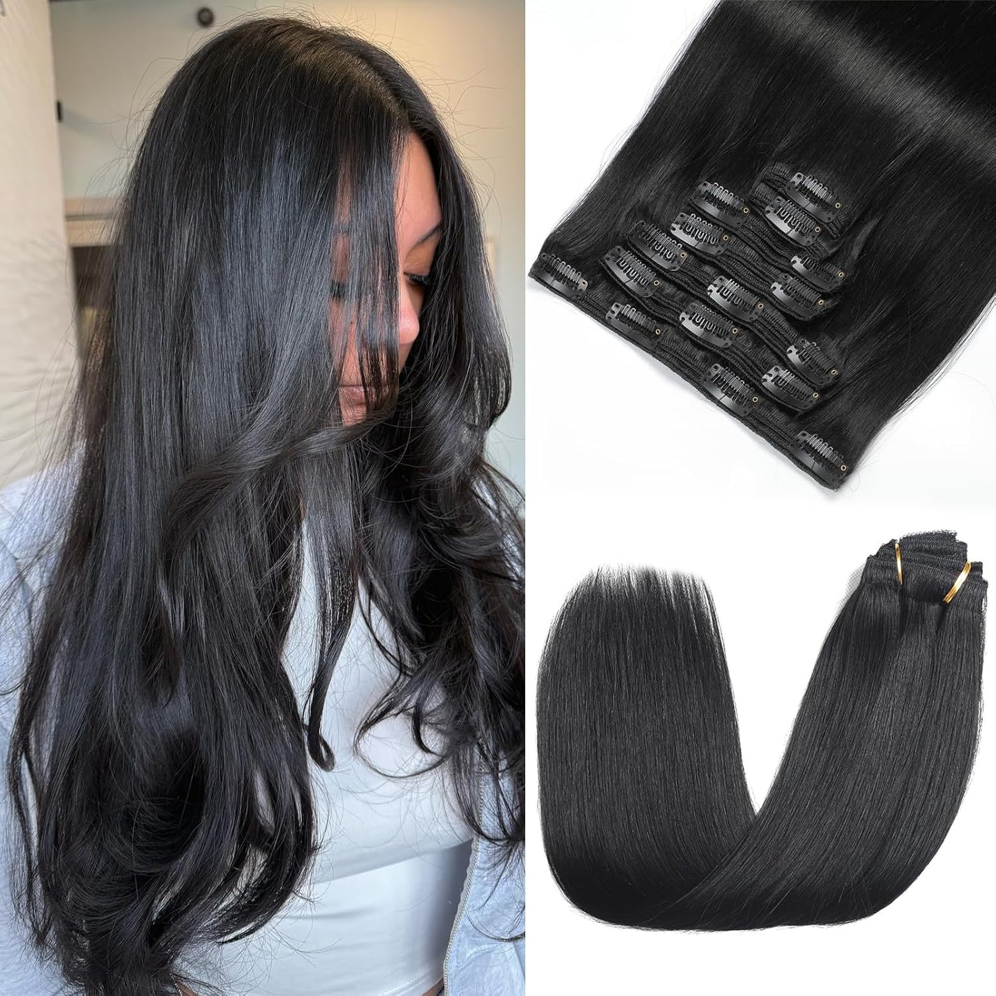 Clip-in Hair Extensions Real Human Hair - 22 Inch for Volume