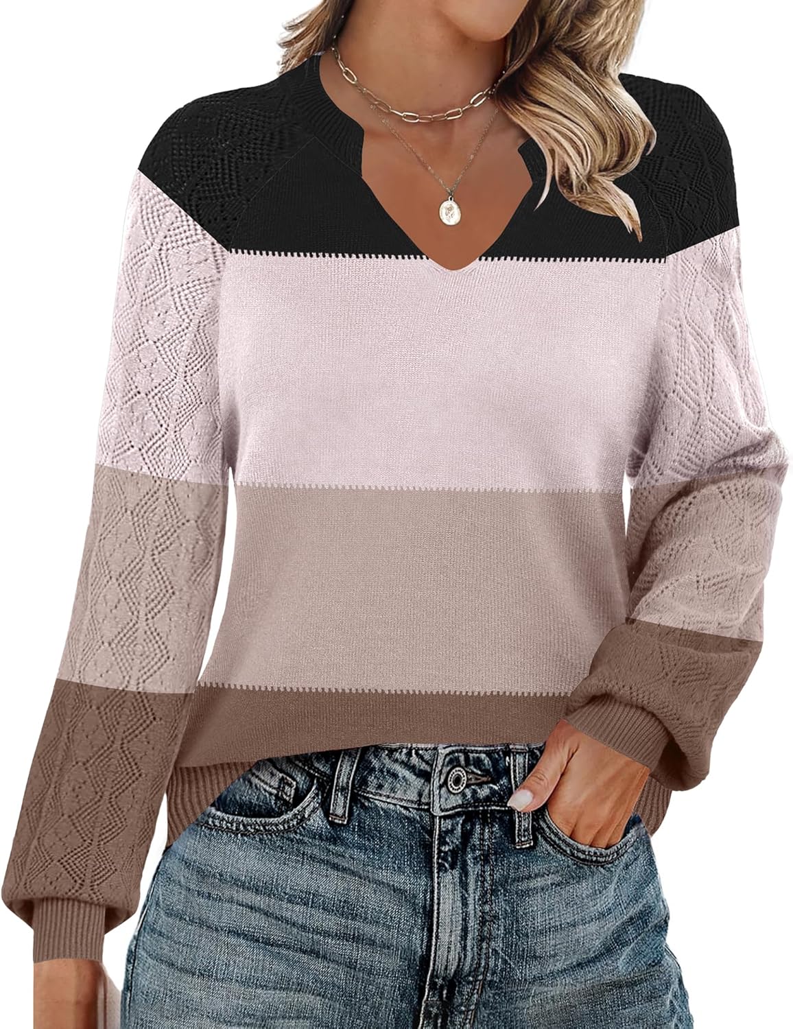 Zeagoo Womens Casual Long Sleeve V Neck Crochet Knit Sweater