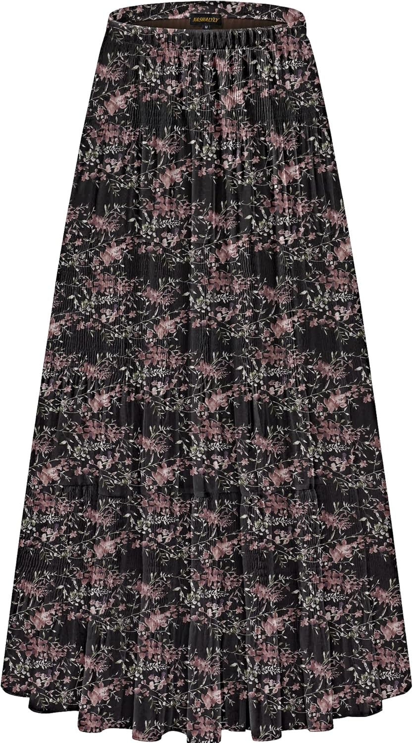 Chiffon Elastic High Waist Pleated A-Line Maxi Skirt for Women