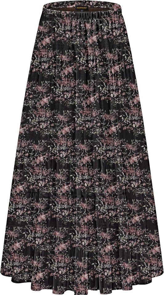 Chiffon Elastic High Waist Pleated A-Line Maxi Skirt for Women