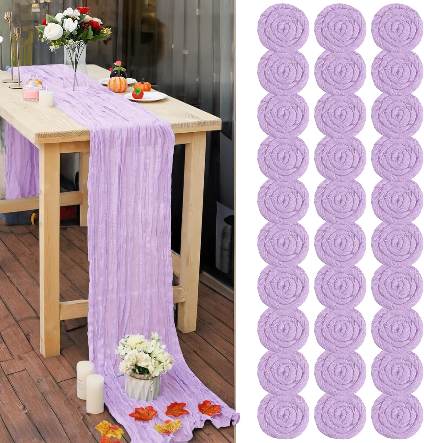 30 Pcs Lavender Cheesecloth Table Runner for Elegant Events
