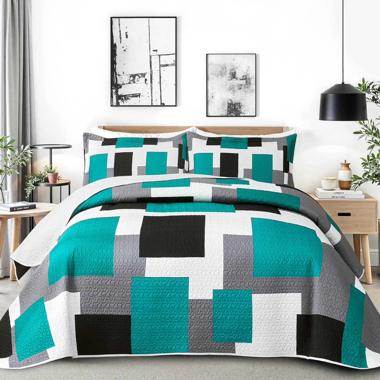Modern Teal Grey Quilt Set Twin Size for All Season Comfort