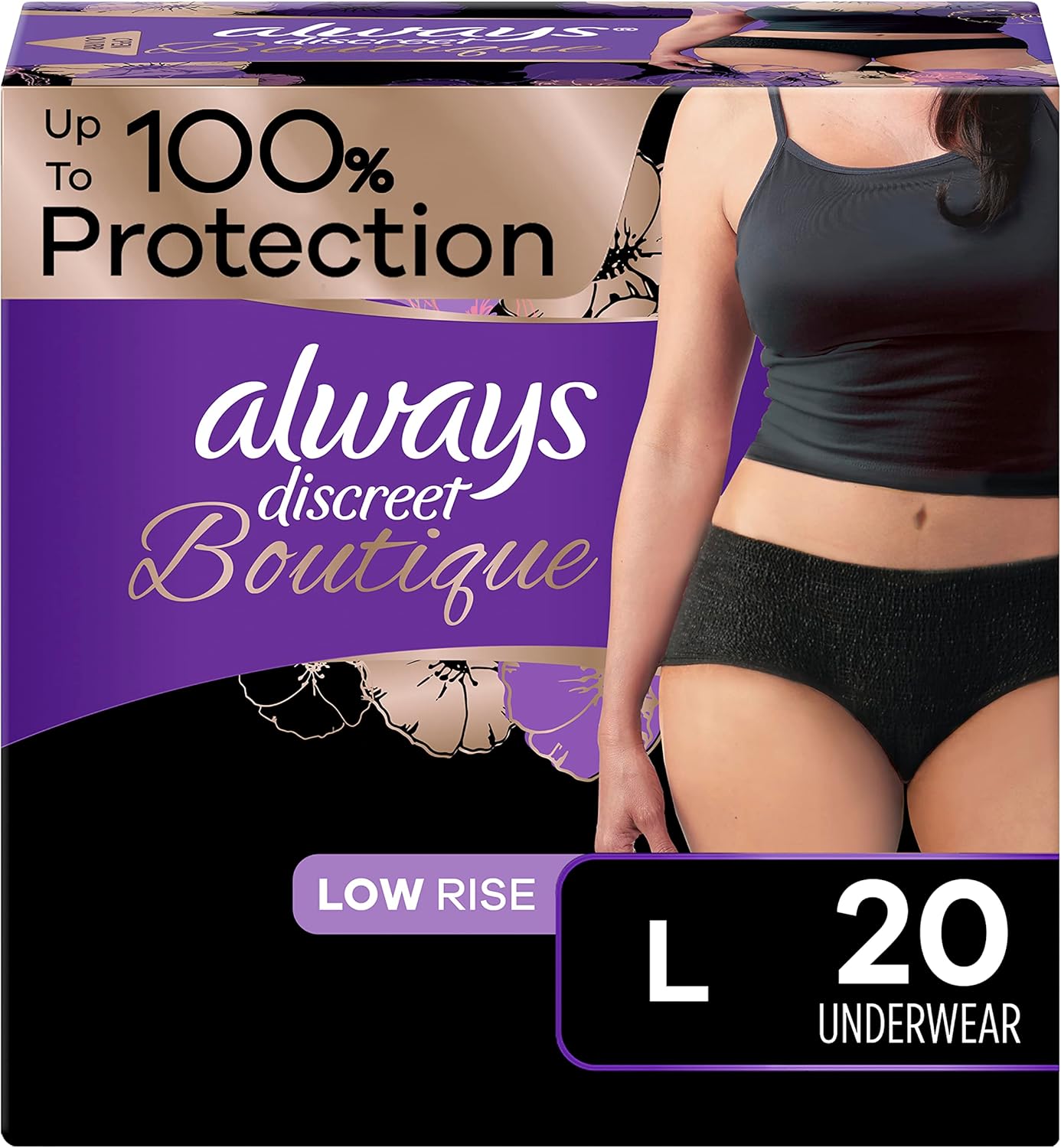 Always Discreet Boutique Women's Incontinence Underwear, Size Large, Black, Maximum Absorbency, 20 Count