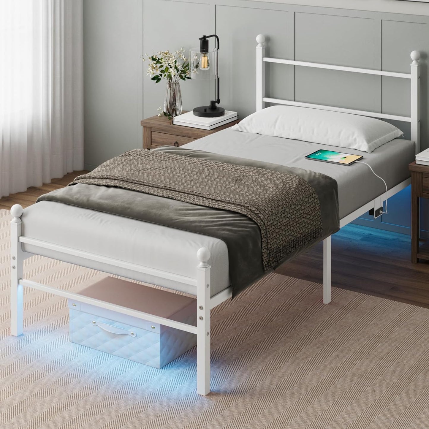 Twin Size Bed Frame with LED Lights and Charging Station