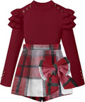 Girls Clothes Ruffle Long Sleeve Top and Bowtie Plaid Skort Set