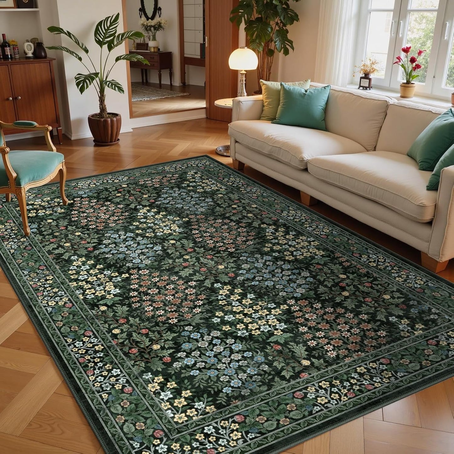 5x7 Area Rugs with Green Floral Design for Modern Spaces