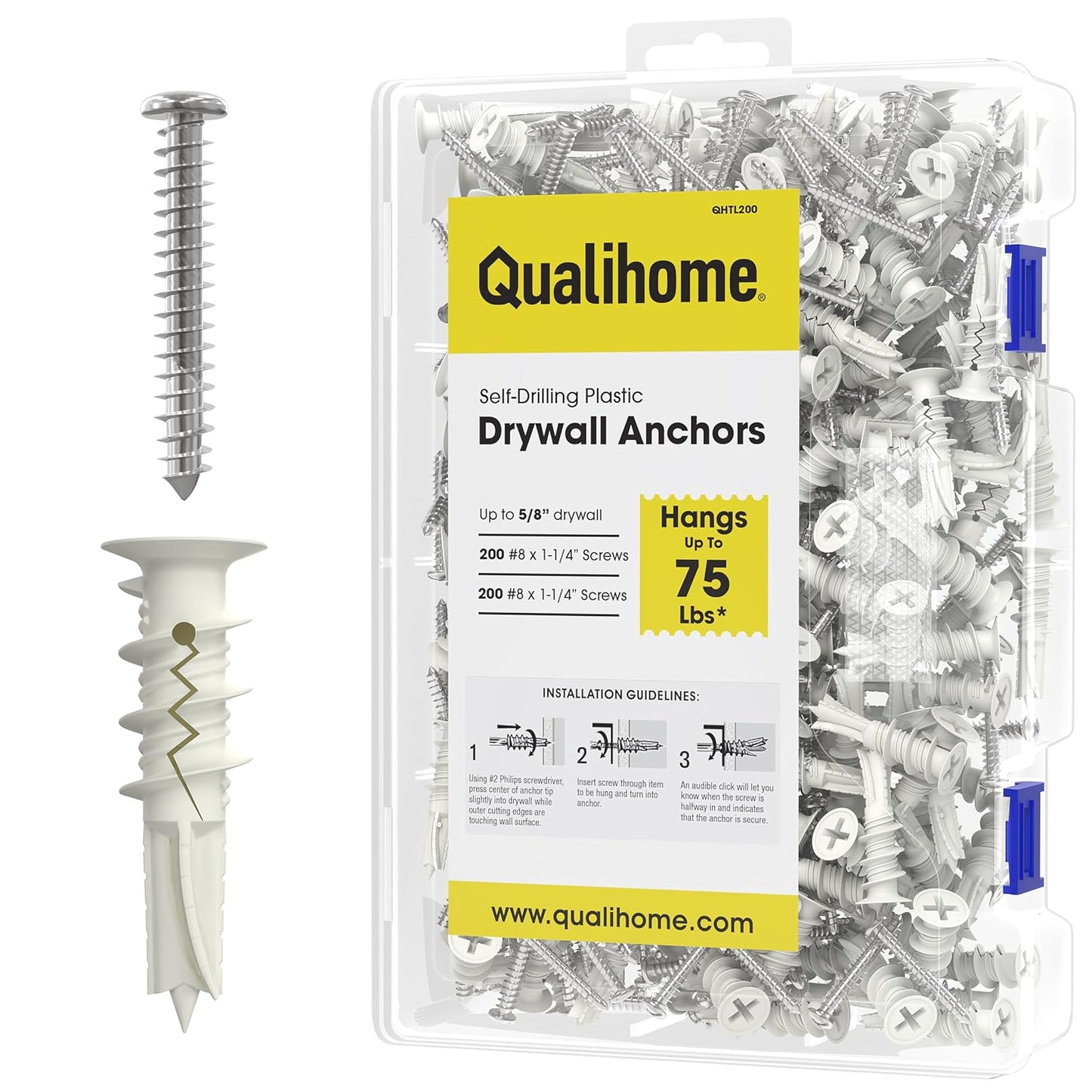 Self Drilling Drywall Plastic Anchors with Screws - 200 Pack