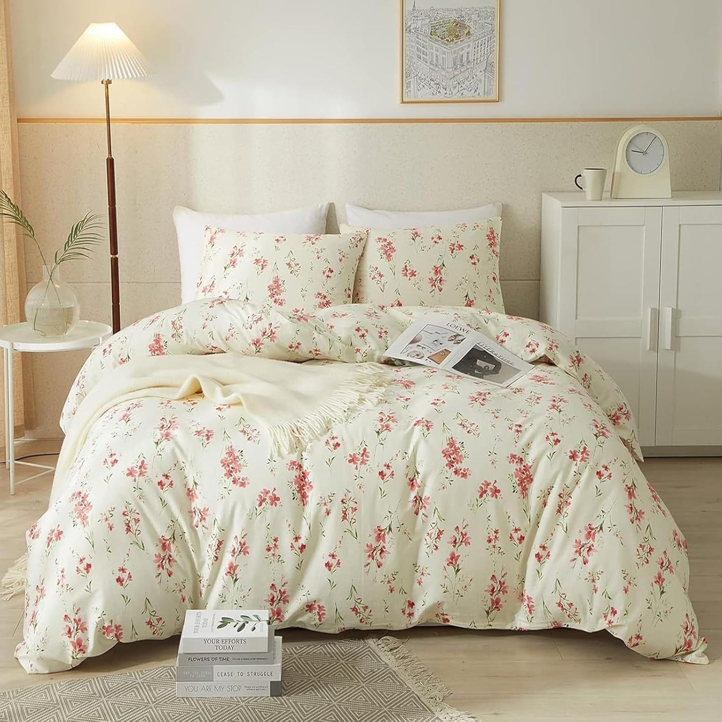 HighBuy Full Comforter Set Beige Pink Floral for Teen Girls