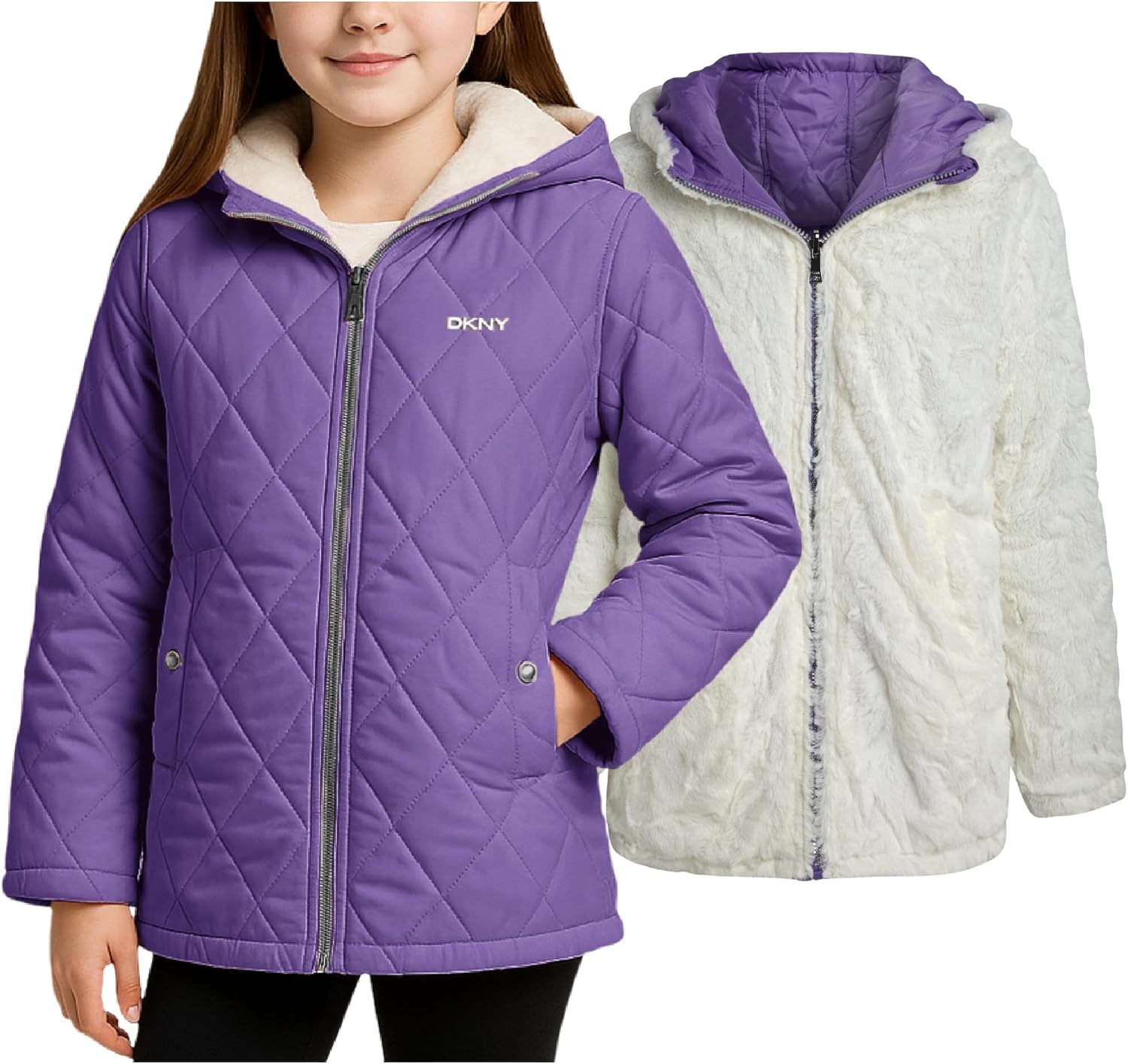 DKNY Reversible Girls Winter Coat - Cozy Quilted Puffer Jacket