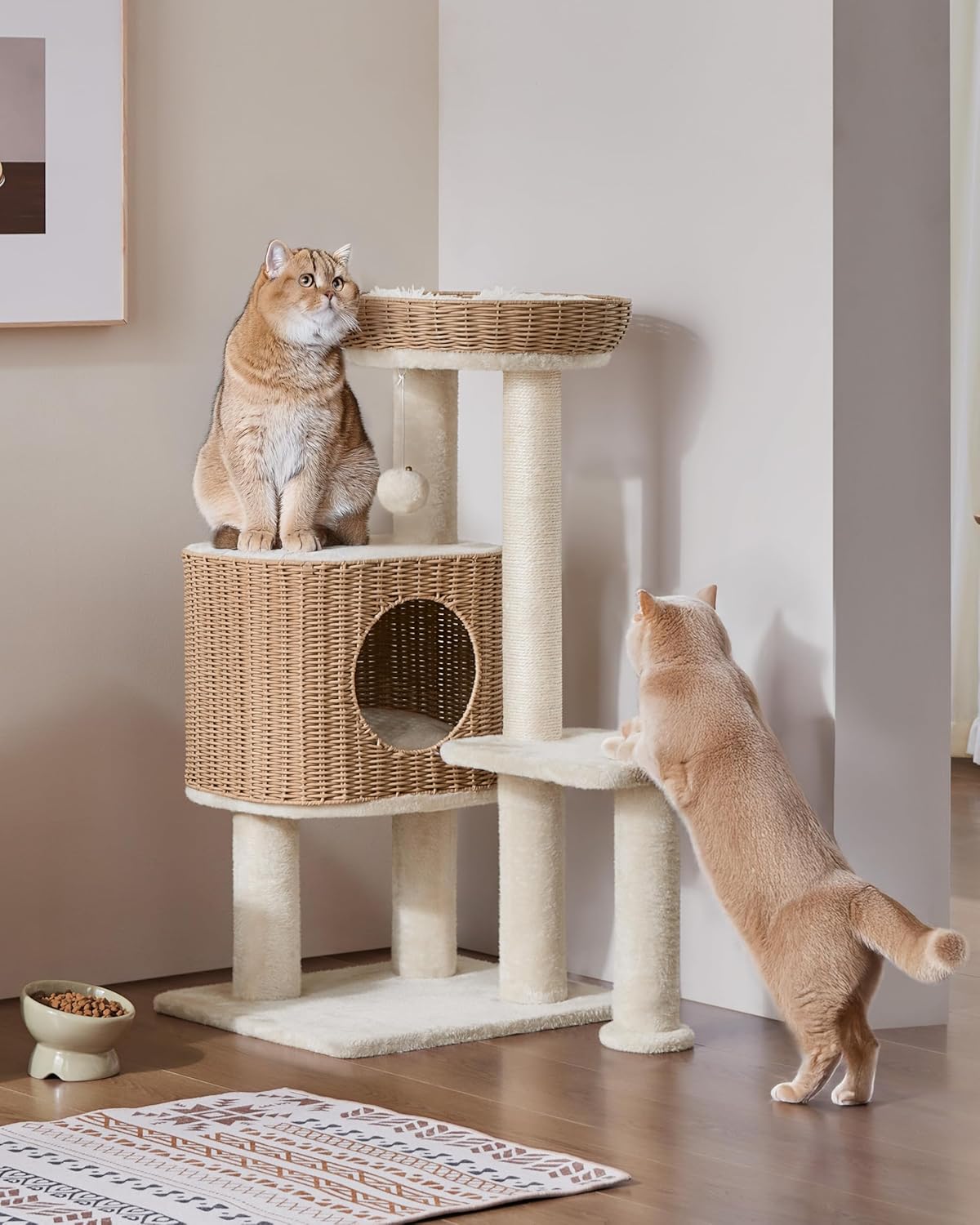36in PE Rattan Cat Tree with Big Perch and Washable Cushion