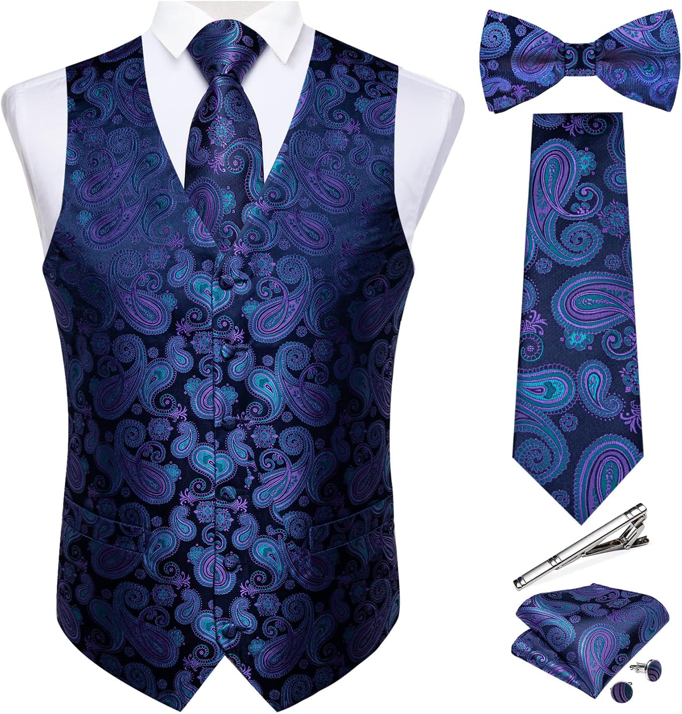 DiBanGu Men's Silk Paisley Vest and Necktie Set for Weddings