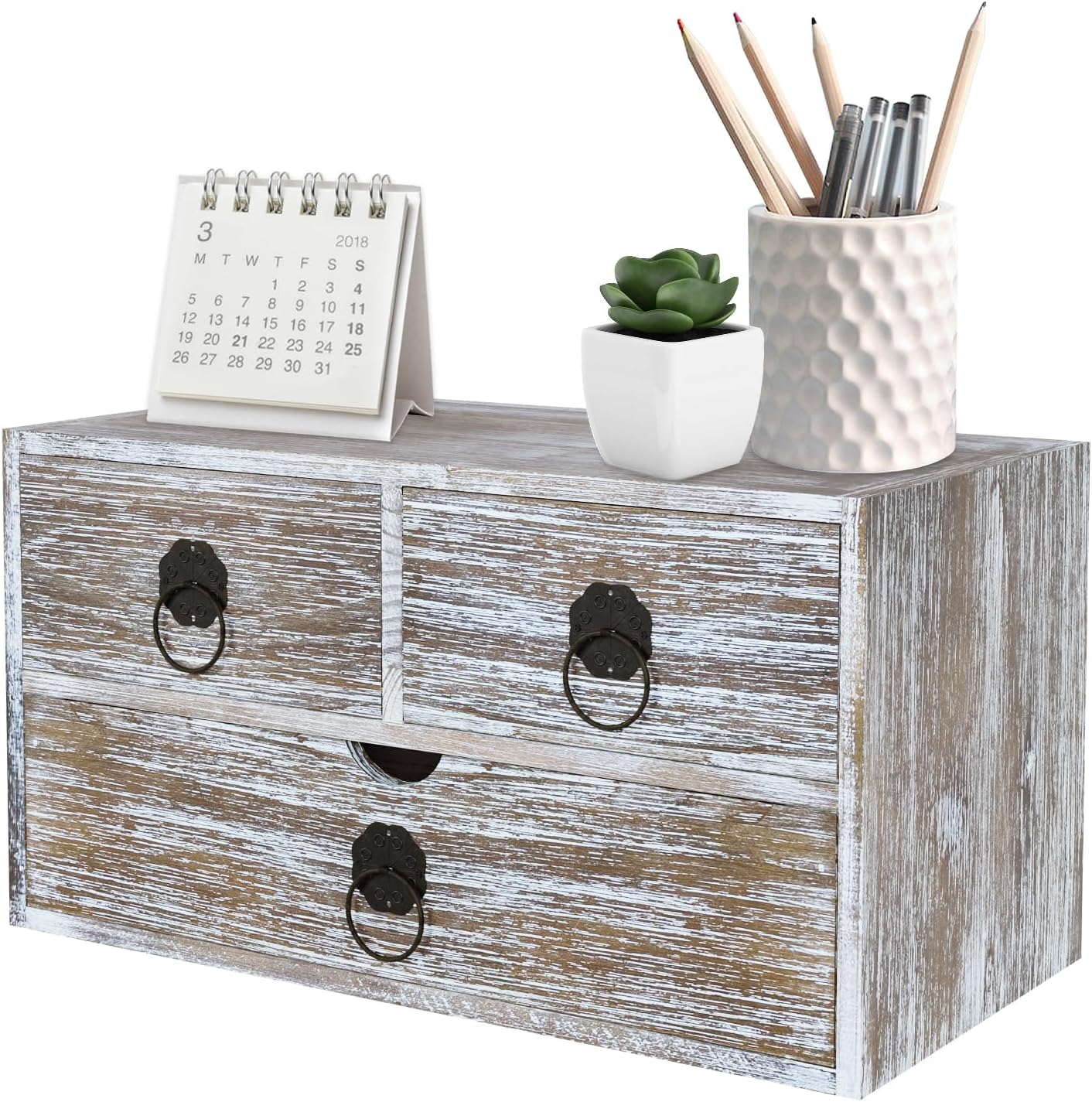 Washed Brown Wood Desk Organizer for Home Office Supplies