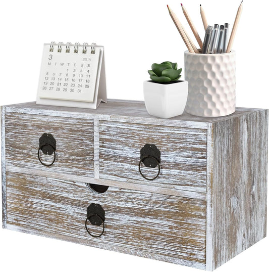 Washed Brown Wood Desk Organizer for Home Office Supplies