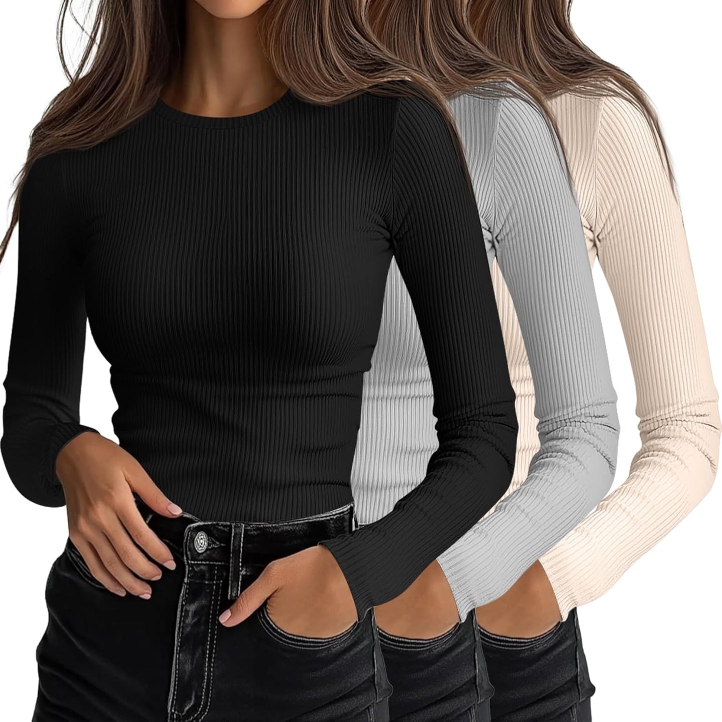 Ficerd Women's Ribbed Long Sleeve Tops for Casual Layering
