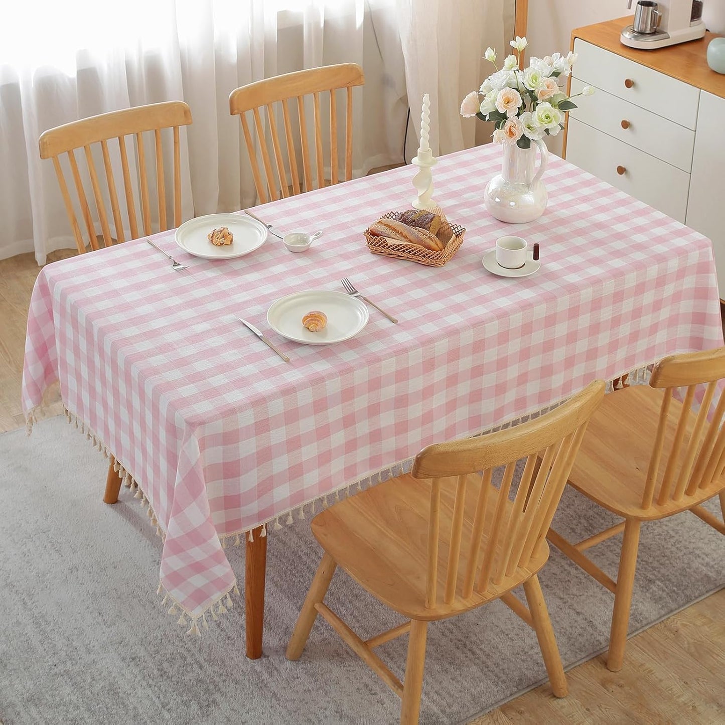 Checkered Tablecloth Rectangle Cotton Linen Fabric for Dining
