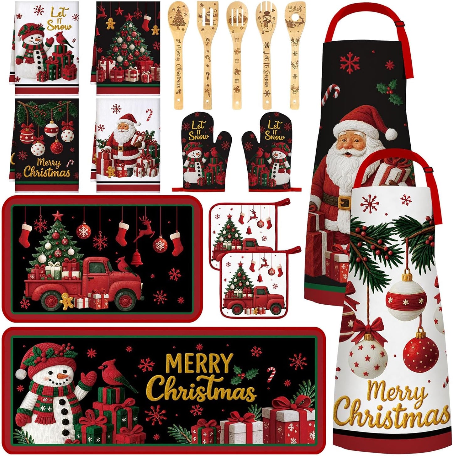 Christmas Kitchen Set with Snowman Rugs and Santa Apron