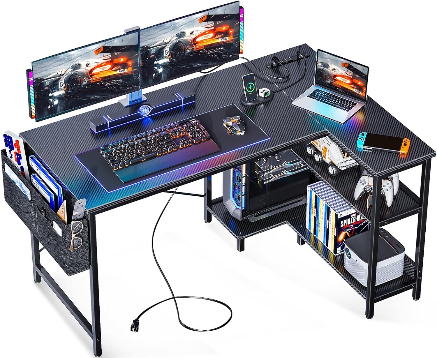 ODK 48 Inch L Shaped Gaming Desk with Power Outlets for Small Space