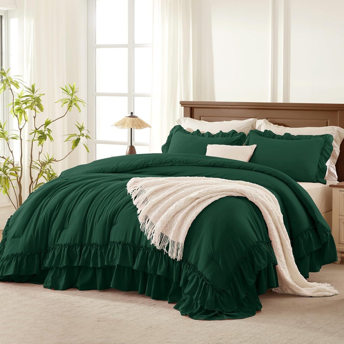 Dark Green Twin Comforter Set with Ruffle Design for Kids