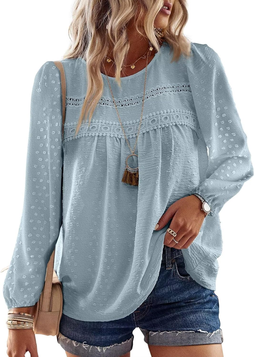 Womens Fall Tops Crewneck Long Sleeve Casual Chiffon Blouses