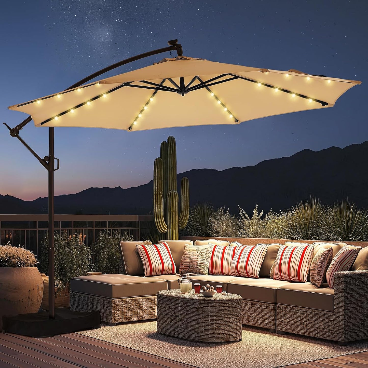 10ft Solar Lights Offset Cantilever Patio Umbrella with Base