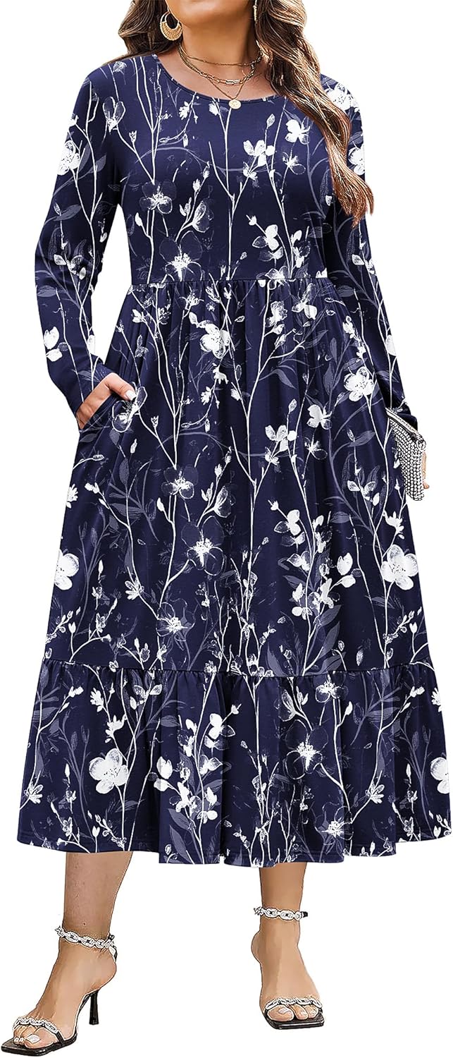 IN'VOLAND Women Plus Size Long Sleeve Dress with Pockets