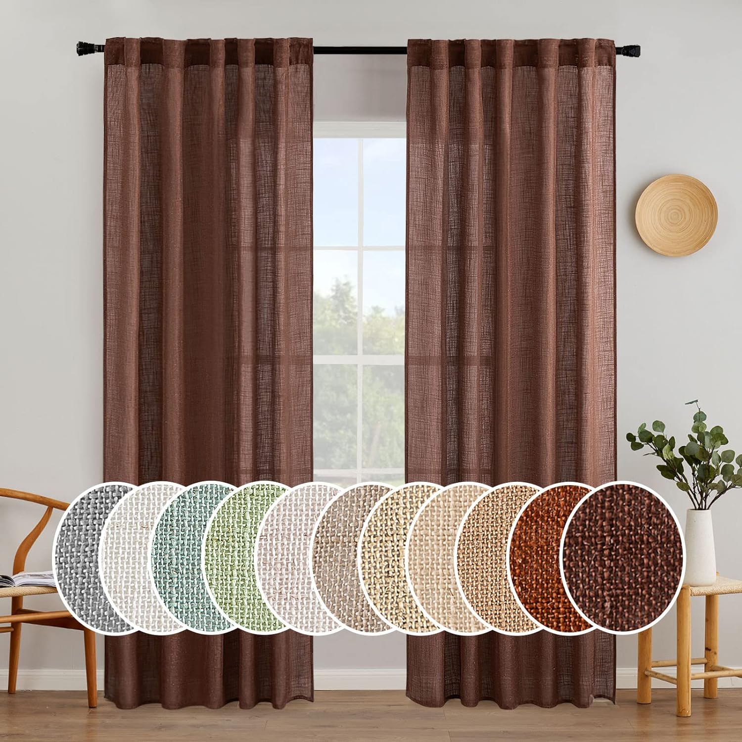 MIULEE Chocolate Brown Linen Curtains for Bedroom and Living Room