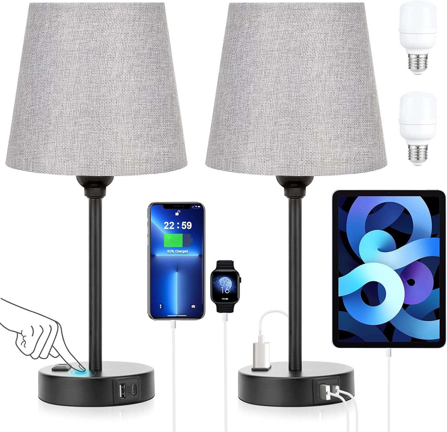 Grey Bedside Lamps Set of 2 with USB C Port and Dimmable Touch