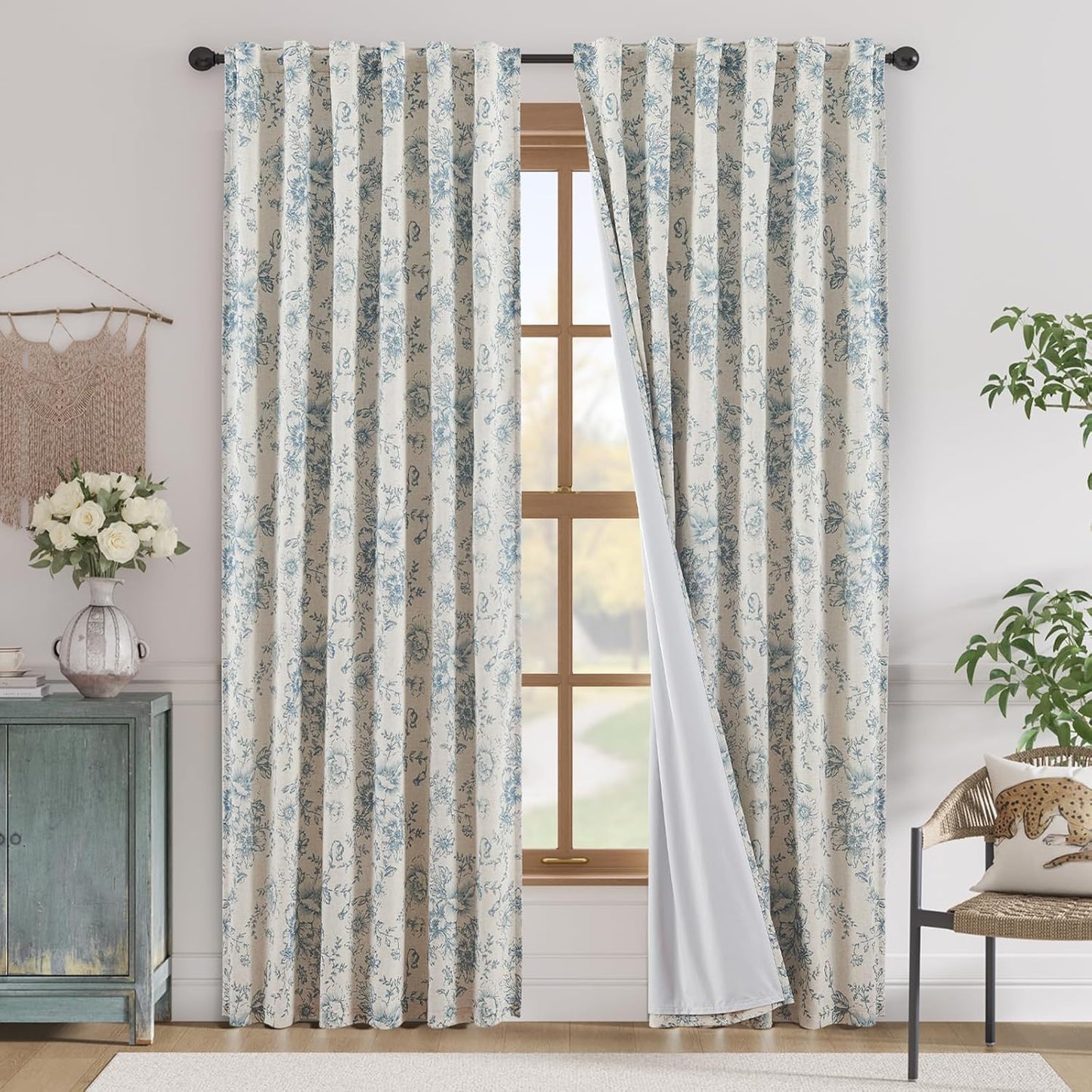 Floral Blackout Linen Blend Curtains for Elegant Home Decor