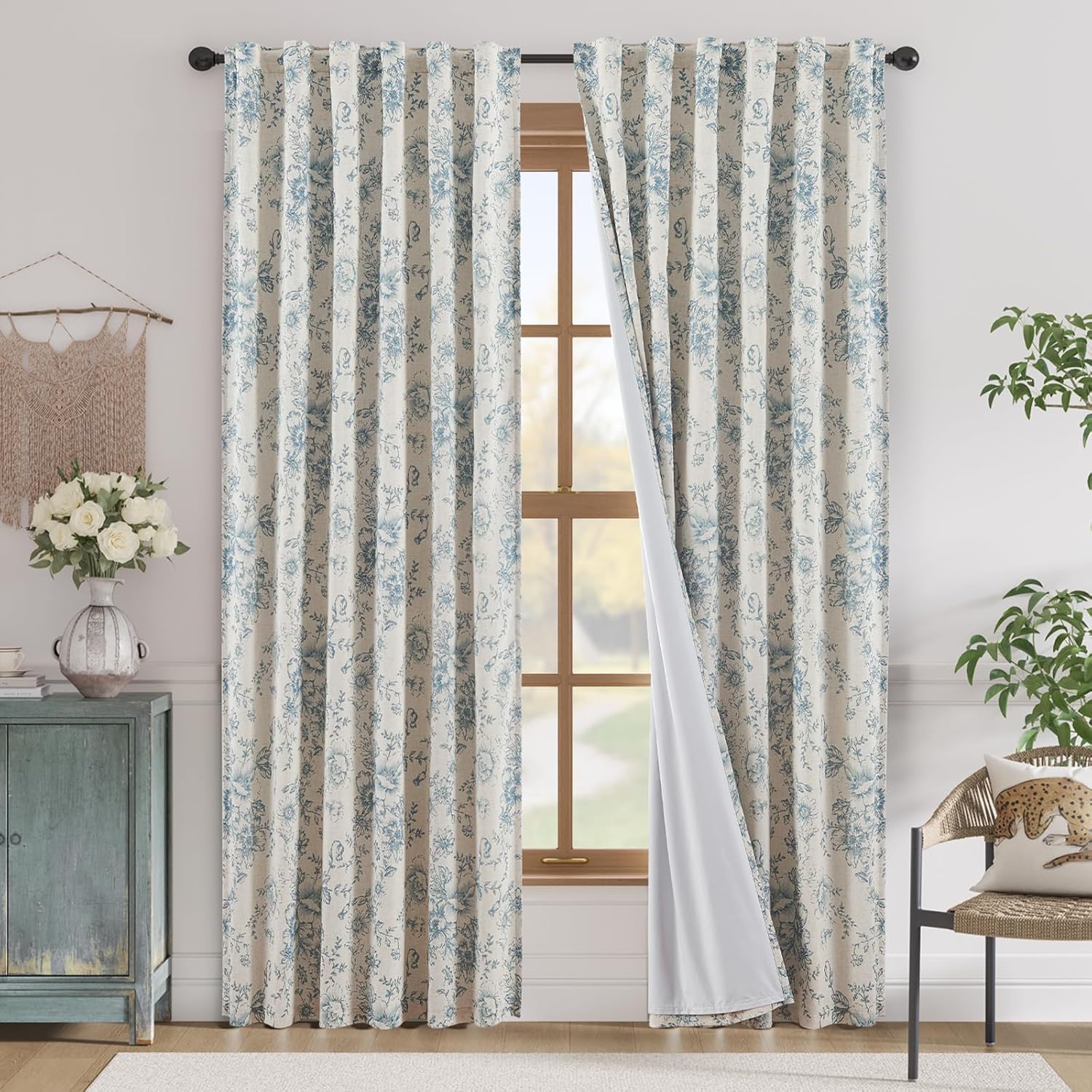 Floral Blackout Linen Blend Curtains for Elegant Home Decor