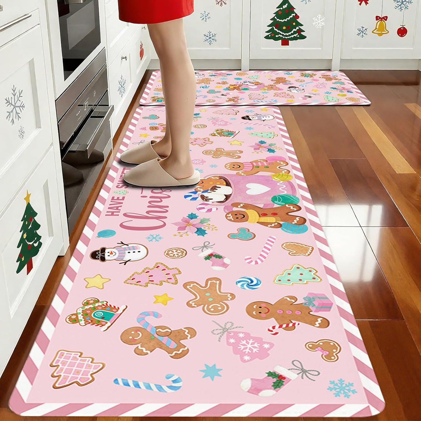 Gingerbread Man Candy Cane Kitchen Rugs Non-Slip Mats 2PCS