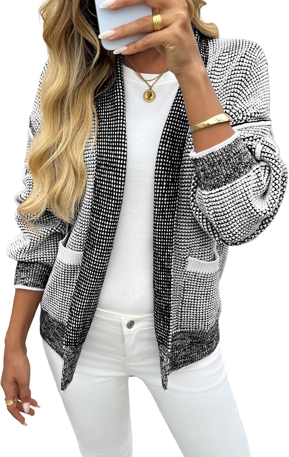 Womens Open Front Cardigans Long Sleeve Waffle Knit Sweater
