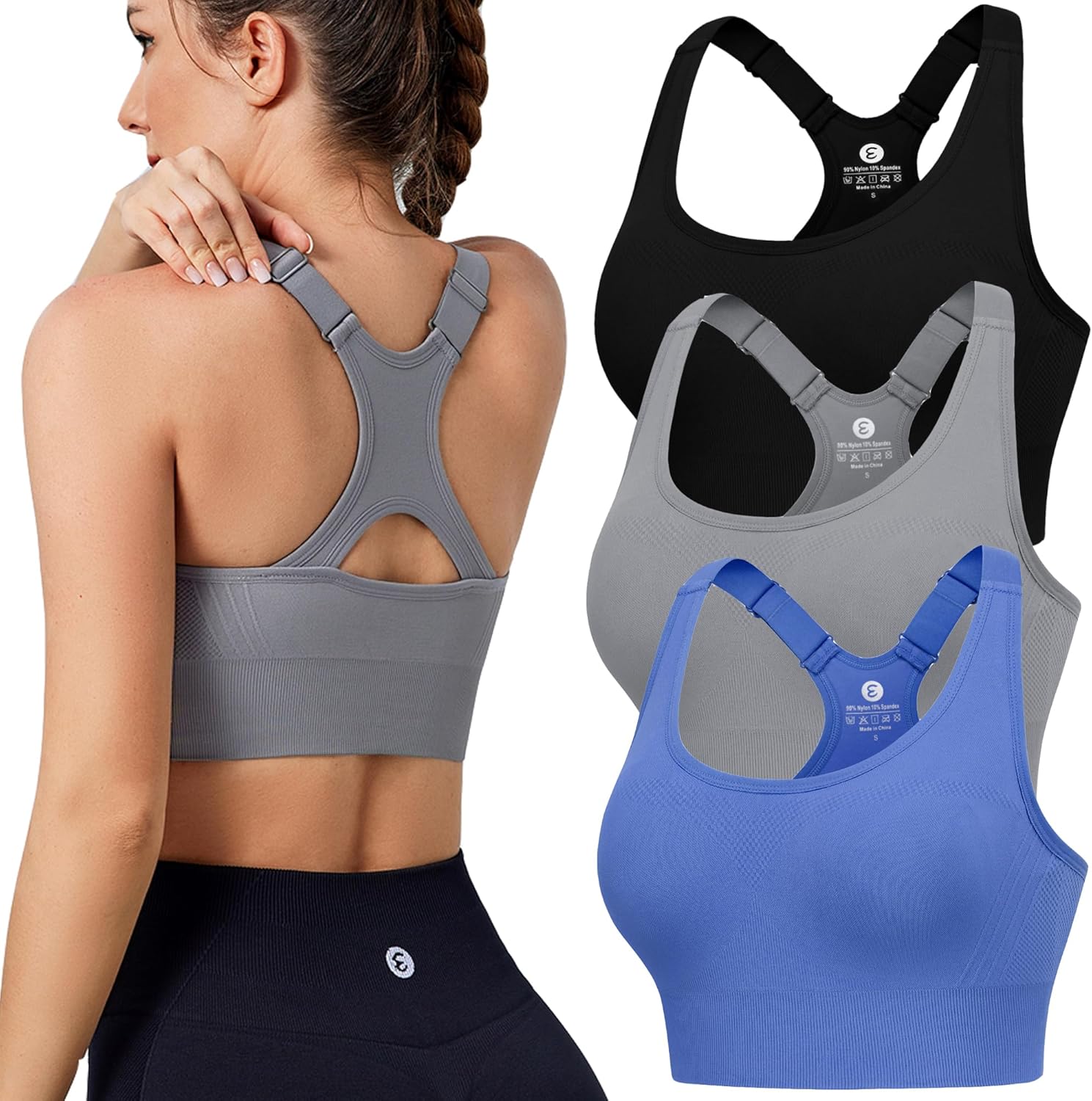 Evcute Adjustable Sports Bras for Women High Support 3/4 Pack
