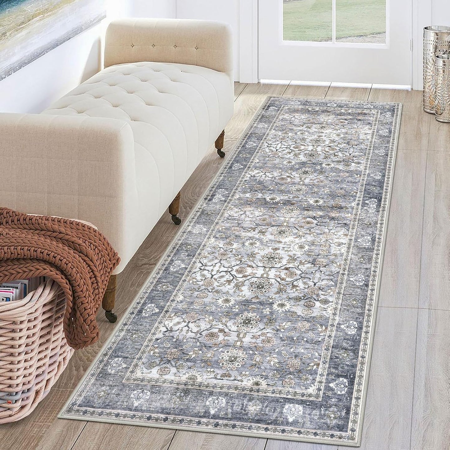 KUTA Vintage Grey Blue Floral Washable Hallway Runner Rug
