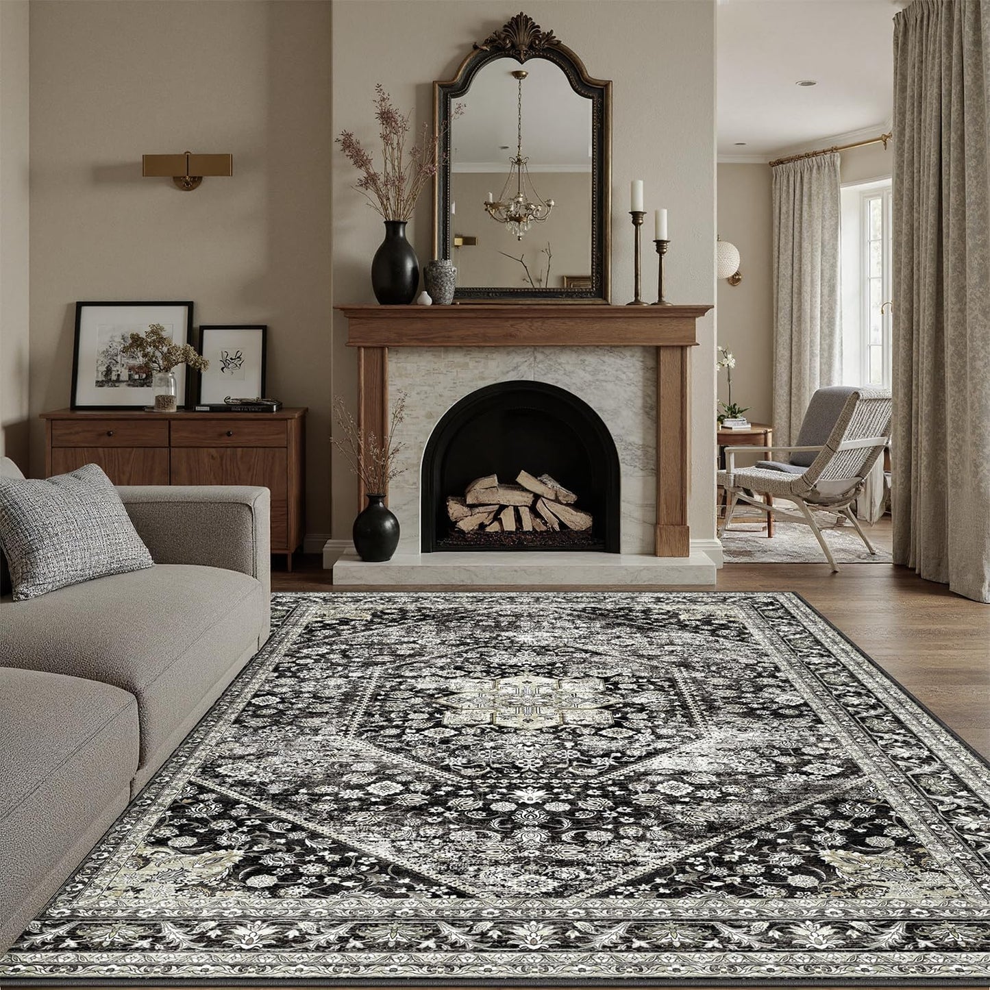 DCX Machine Washable Black Area Rug 6x9 for Living Room