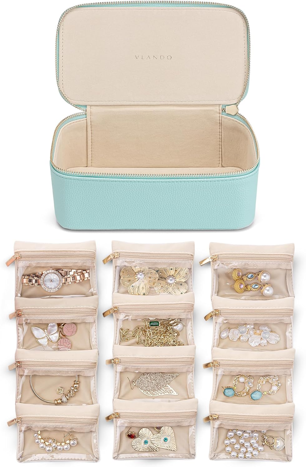 Vlando Travel Jewelry Organizer with 12 Velvet Bags for Girls
