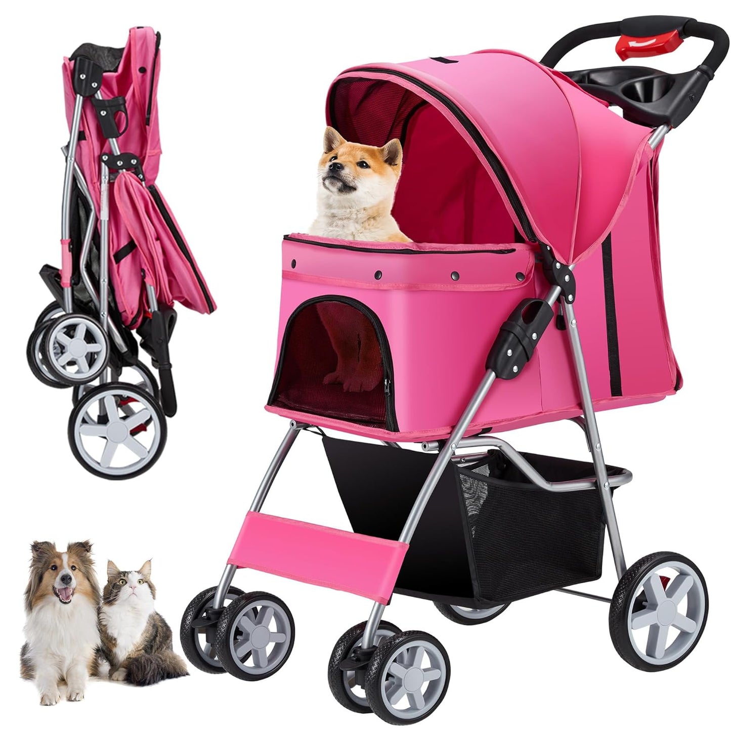 4 Wheels Pet Stroller for Small Medium Dogs Cats - Pink