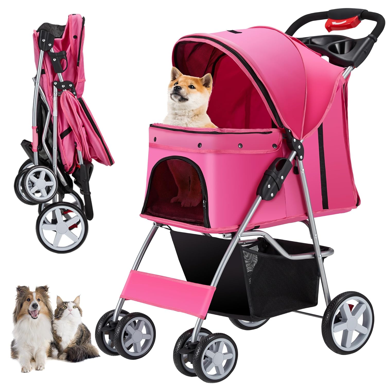4 Wheels Pet Stroller for Small Medium Dogs Cats - Pink