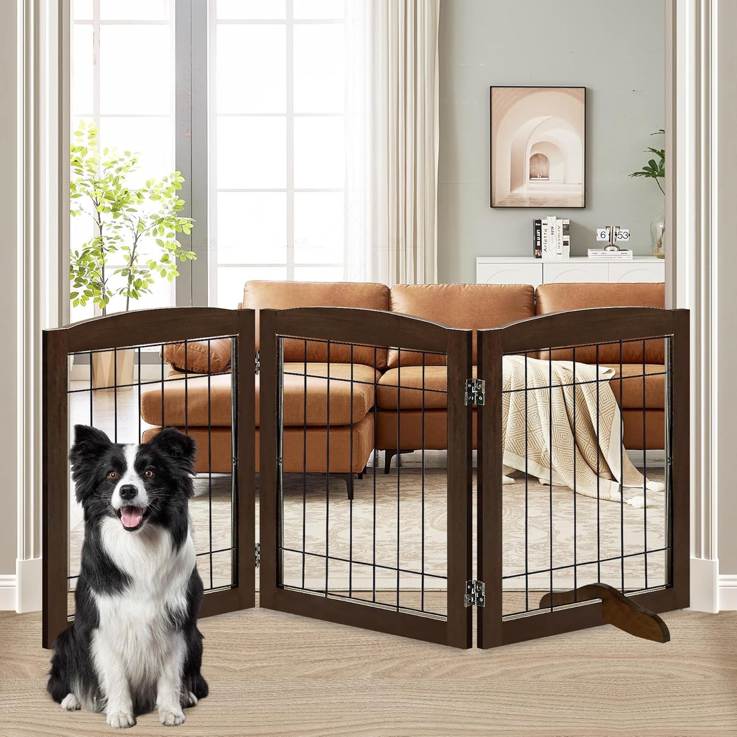 LZRS 3-Panel Freestanding Adjustable Wooden Dog Gate for Pets