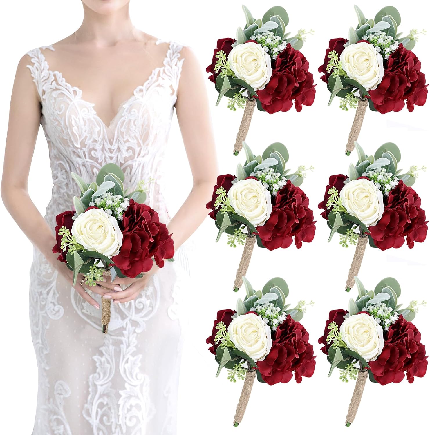 Artificial Flowers Bridesmaids Bouquets Set of 6 for Weddings