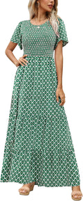 Kranda Women Summer Fall Crewneck Smocked Floral Maxi Dress - Flowy