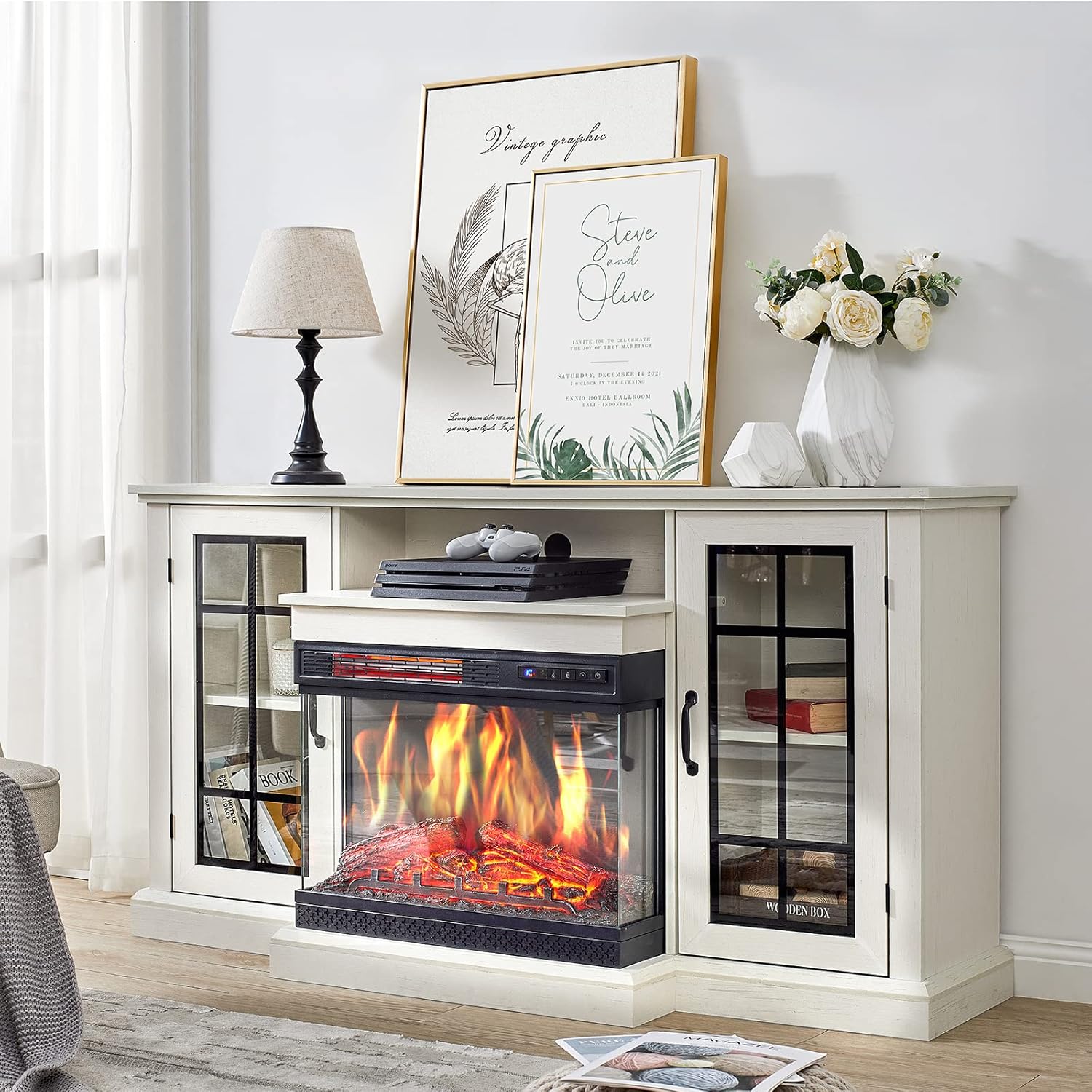 AMERLIFE 65'' TV Stand: 3-Sided Glass Fireplace & 12 Color Options