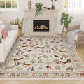 Area Rug 8x10 Washable Boho Floral Animal Rug - Low Pile Non Slip
